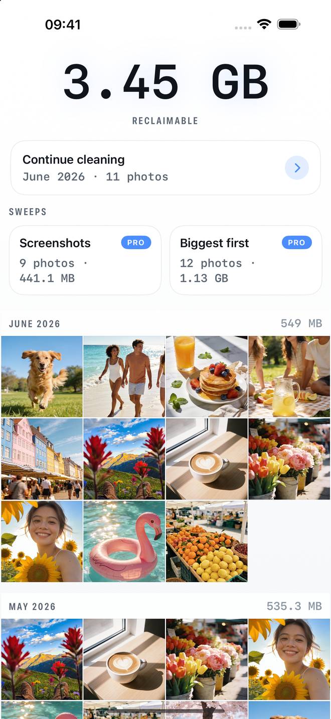 Swish home: reclaimable space and your months, tiled like a contact sheet